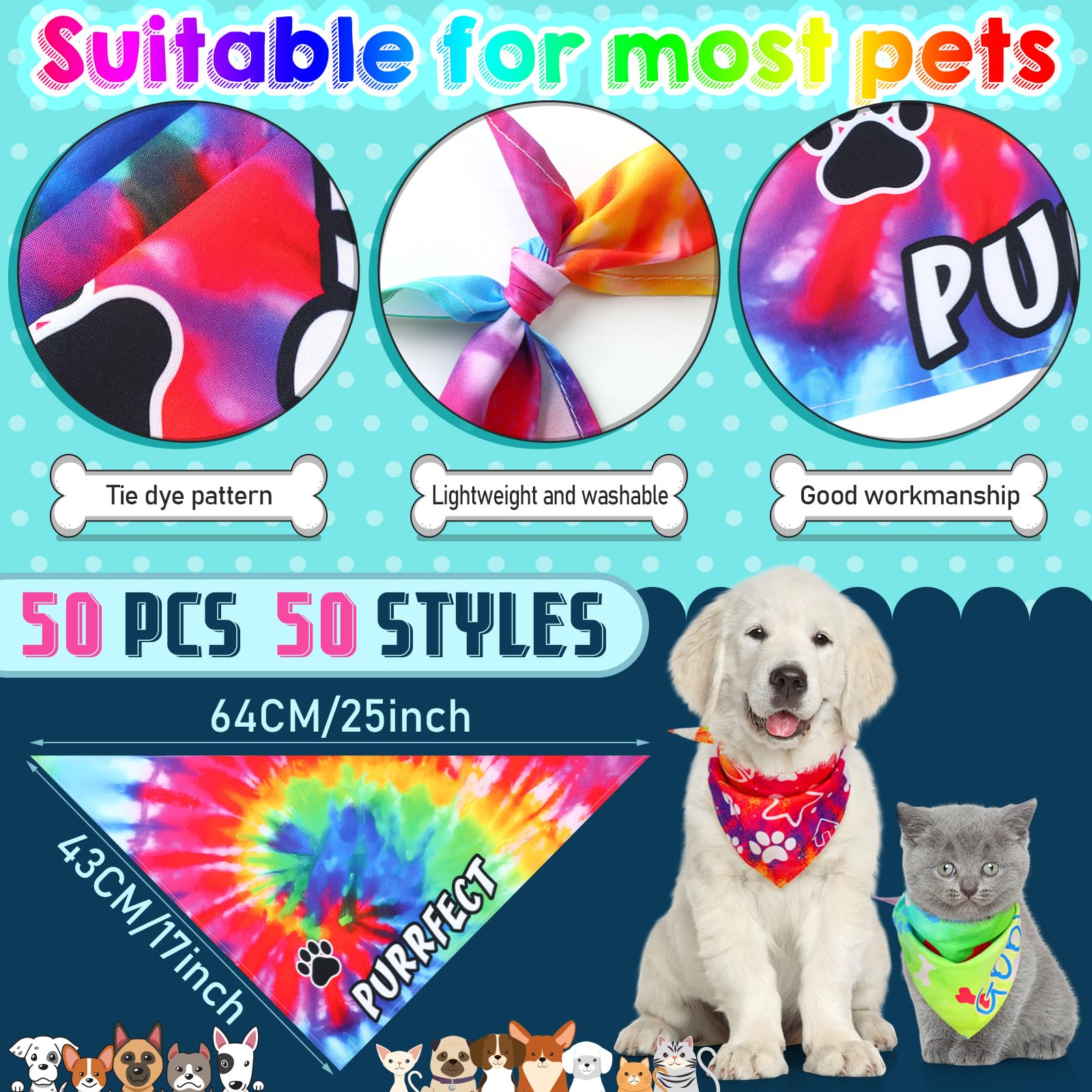 Huhumy 50 Pcs Tie Dye Dog Bandanas Bulk Pet Bibs Colorful Triangle Scarf Tie Dye with Sayings Pet Bandanas for Medium Large Dogs Spring Summer Birthday Costume Decor