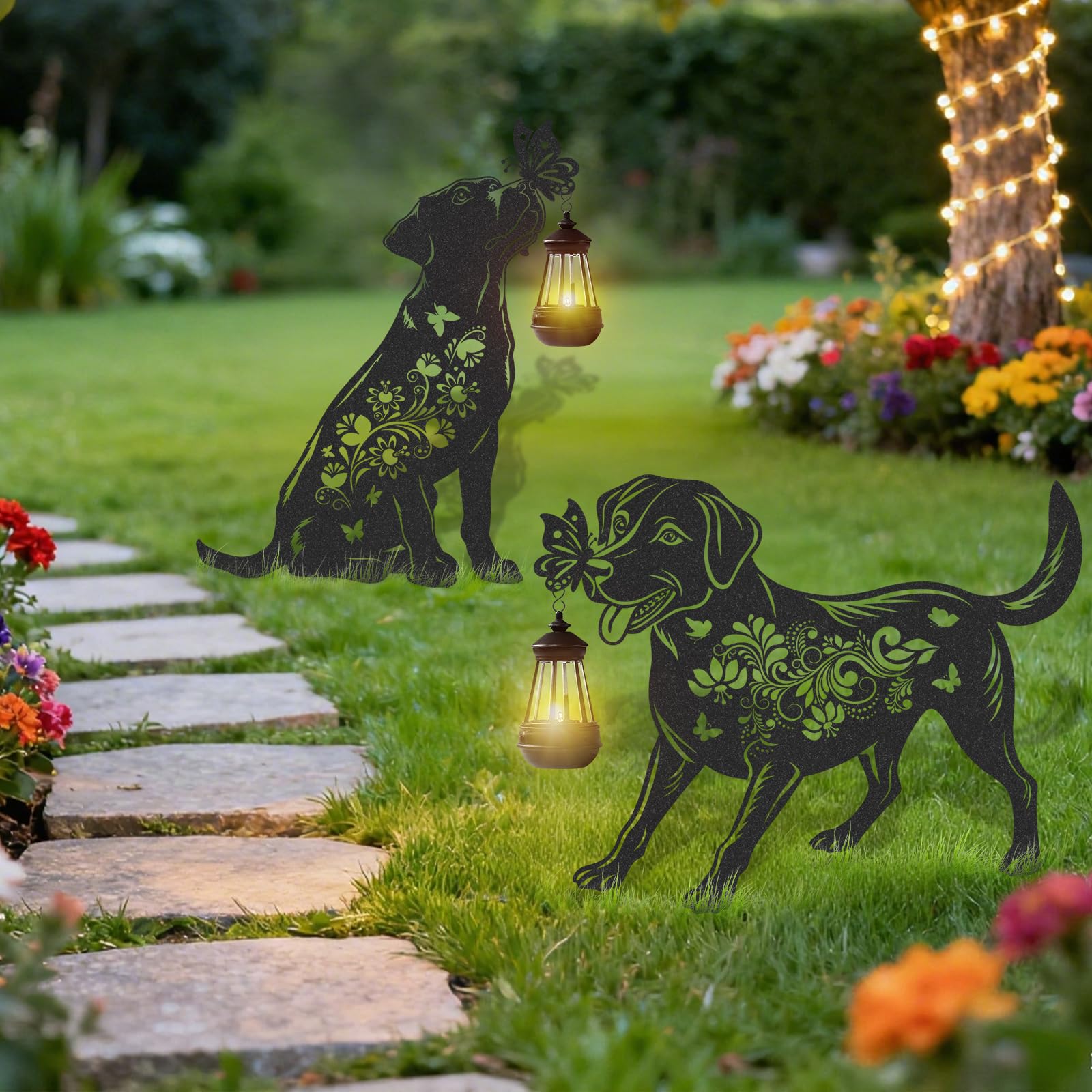 LIRAVENO Solar Lights Garden Decor - 2 Pcs Metal Dog Statues Outdoor