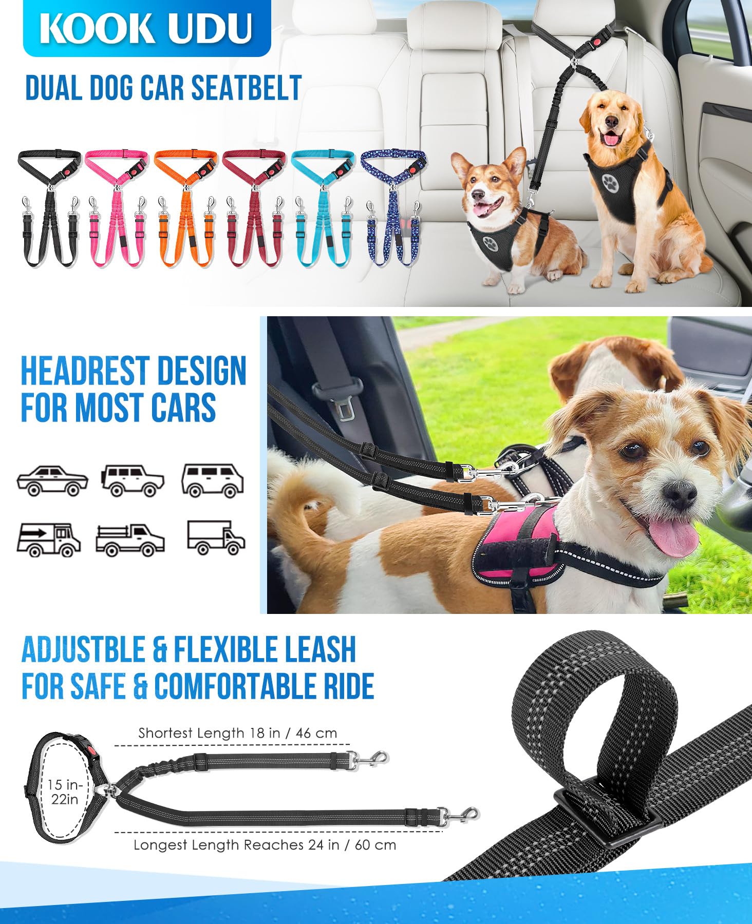 KOOK UDU Dog Seat Belt for Car, Dual Pet Vehicle Headrest Restraint Safety Seatbelt,Two Dog Leash No Tangle Dog Car Leash Seat Belt,Duty Adjust Elastic Connect Harness in Vehicle Travel(Black)