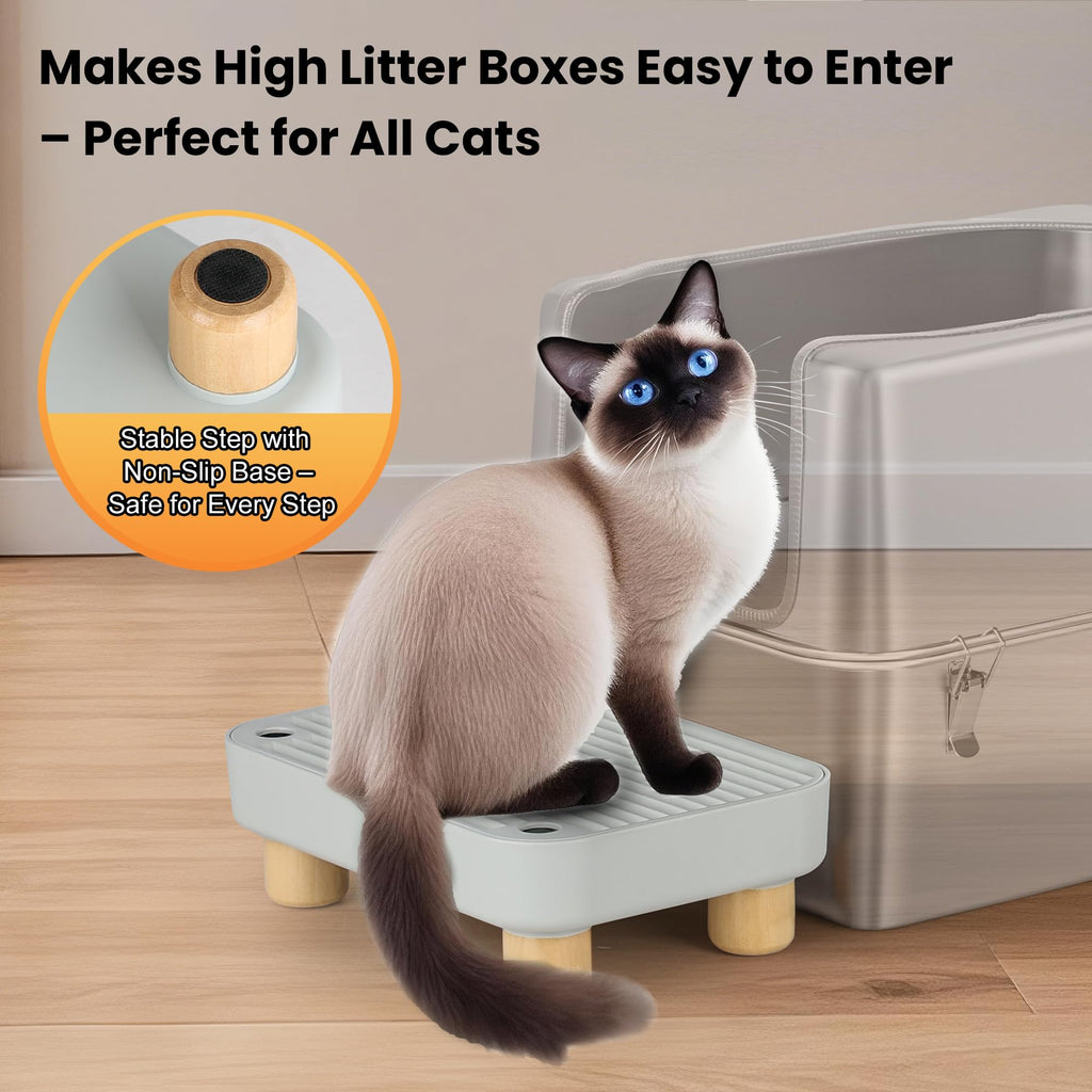 Aothey Litter Box Step, Litter Box Ramp/Catcher with Wooden Base, Anti-Tracking & Easy to Clean, Ideal for Small & Elderly Cats (Grey)