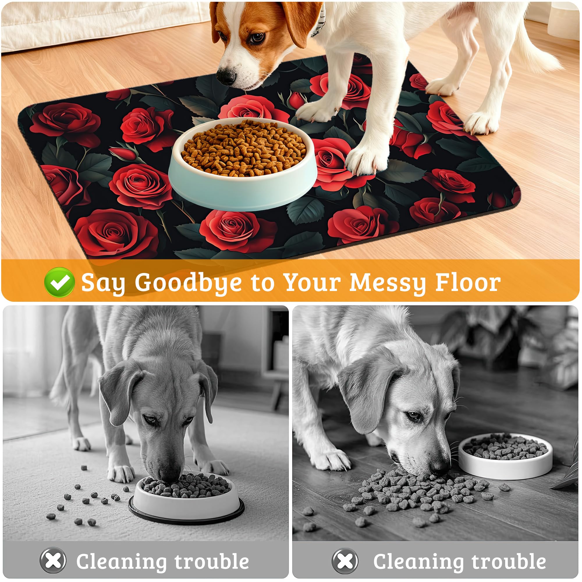 Retro Rose Feeding Mat,Green Leaf Absorbent Quick-Dry Cat Dog Food and Water Bowl Mats,Non-Slip Rubber Backing Mat,Cat Dog Accessories Supplies 12" x 20"