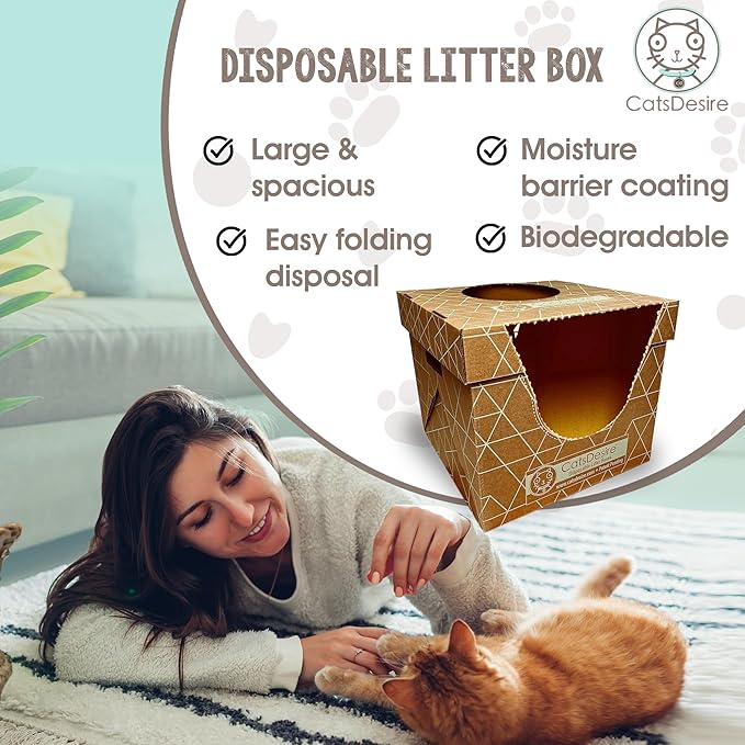 Cats Desire Litter Box - Disposable Litter Box Pack (6 pcs) - Top/Low Entry - Includes 2 lids, 2 Bases and 2 Multipurpose Pads - Partially Recycled Cardboard, 17" L x 17" W x 15.25" H