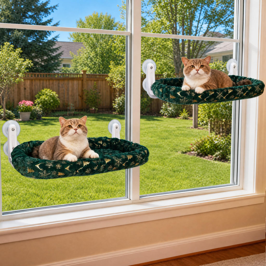 L&W BROS. 2-Pack Foldable Cat Window Perches with Christmas Cushion Bed Easy to Assemble Cats Hammock for Window, Warm Indoor Cat Beds for Large Cats, Edition(L Green)