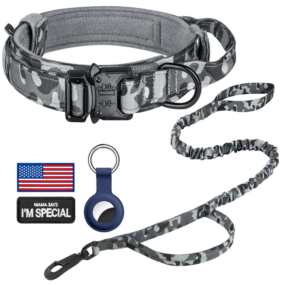 DAGANXI Tactical Dog Collar, Adjustable Military Training Nylon Dog Collar with Control Handle and Heavy Metal Buckle for Medium and Large Dogs, with Patches and Airtags Case (L, Pink)