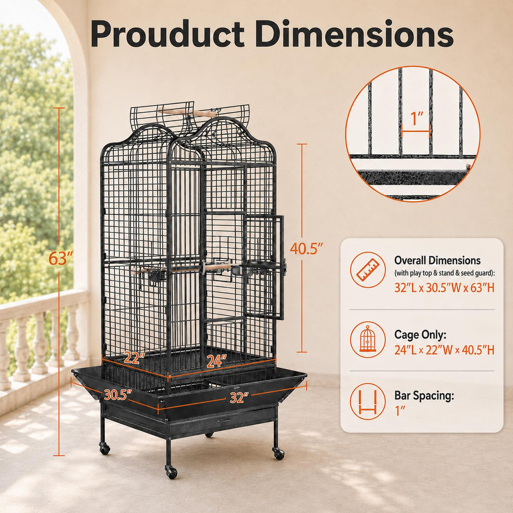 Yaheetech Extra Large Bird Cage 63'' Open Play Top Bird Cage for African Grey Parrots/Amazon Parrot/Caiques/Macaw with 360° Wheels