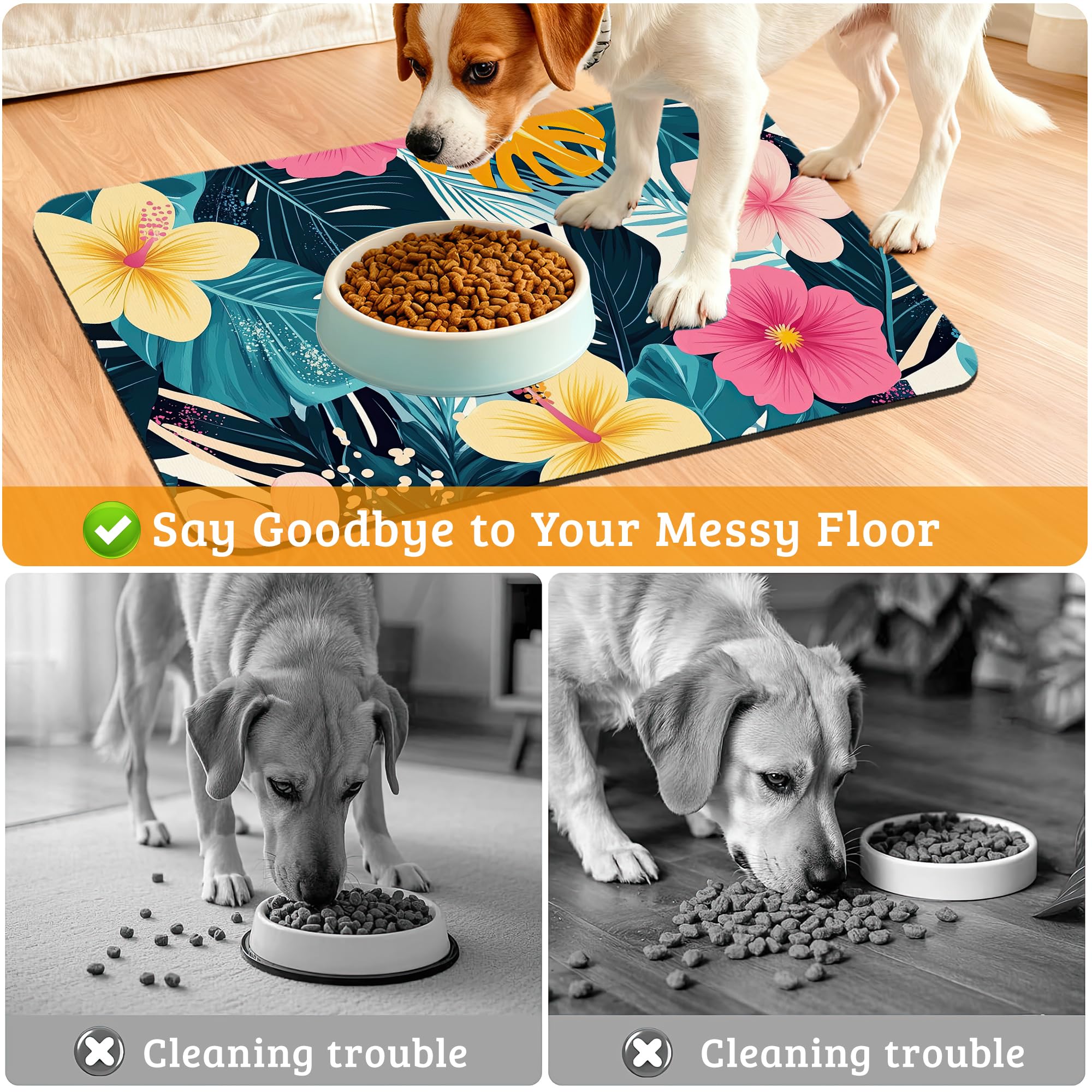 Tropical Palm Dog Food Mat,Exotic Leaves Floral Absorbent Pet Feeding Mat for Food and Water Bowl,Quick Dry Dog Placemat Non Slip Rubber Backing Waterproof Pet Supplies 16" x 24"