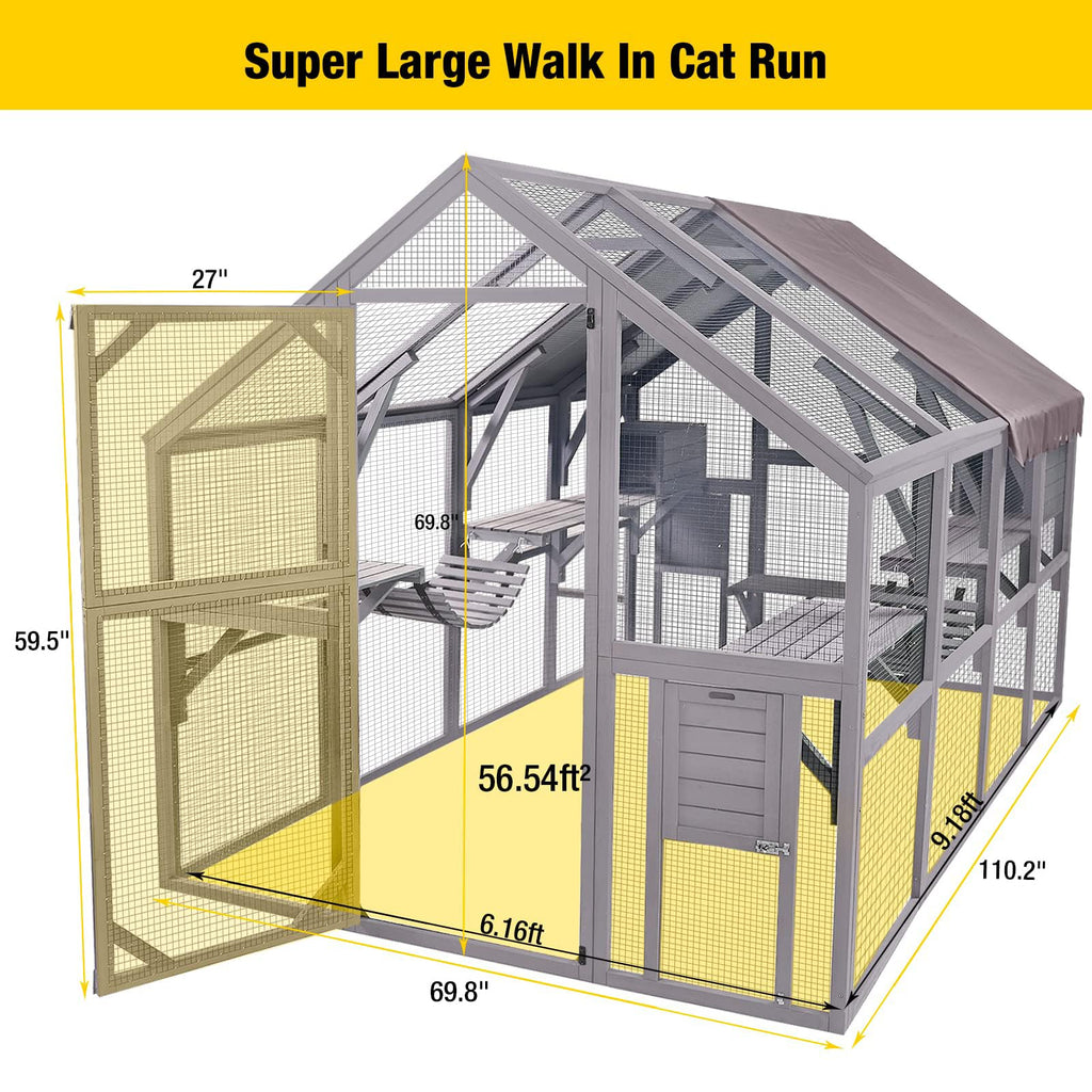 Aivituvin Extra Large Catio Outdoor Cat Enclosure Window Design for 10-20 Cats, 70"H Walk-In Patio Cat House with 4 Access Doors, Waterproof Roof, Spacious Kitty Cage for Multiple Indoor Outdoor Cats