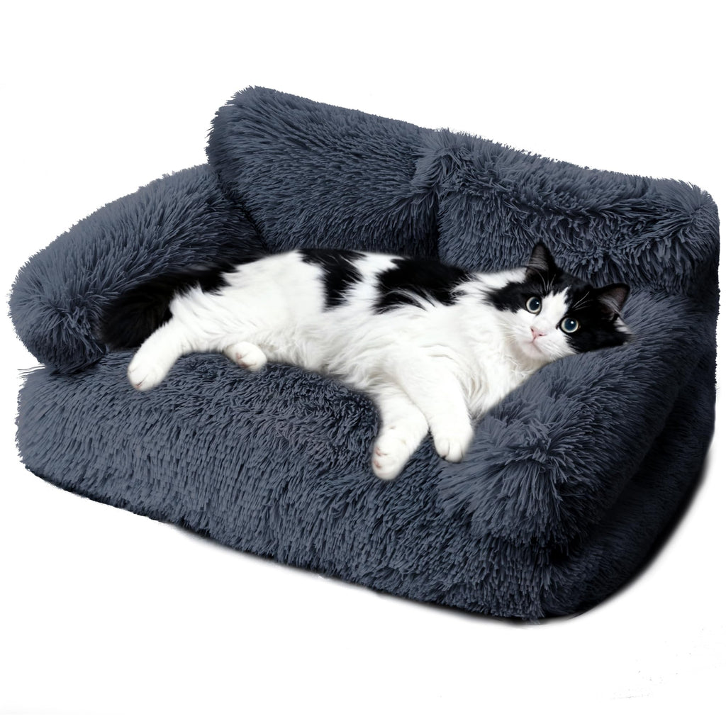 FURMORENE Cat Beds for Indoor Cats, Dog Couch Bed, Cute Cat Couch Sofas, Small Dog Sofas & Chairs with Removable Washable Cover, Warm Soft Pet Furniture for 20lbs Small Dog & Cat, Plush Dark Grey