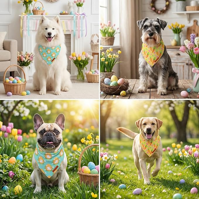 ADOGGYGO Easter Dog Bandana 2 Pack, Bunny Egg Carrot Print Pet Scarf Bib, Adjustable Fit Green Yellow Easter Bandanas for Small Dogs (Small)
