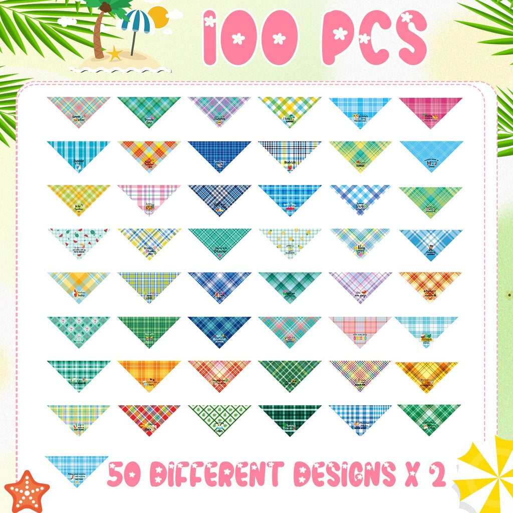 Sweetude 100 Pcs Summer Plaid Dog Bandana Bulk with Sayings Hawaii Bandana Pet Scarf Triangle Bibs Washable Puppy Kerchief Adjustable Grooming Supplies for Small Medium Large Dog Cat Accessories