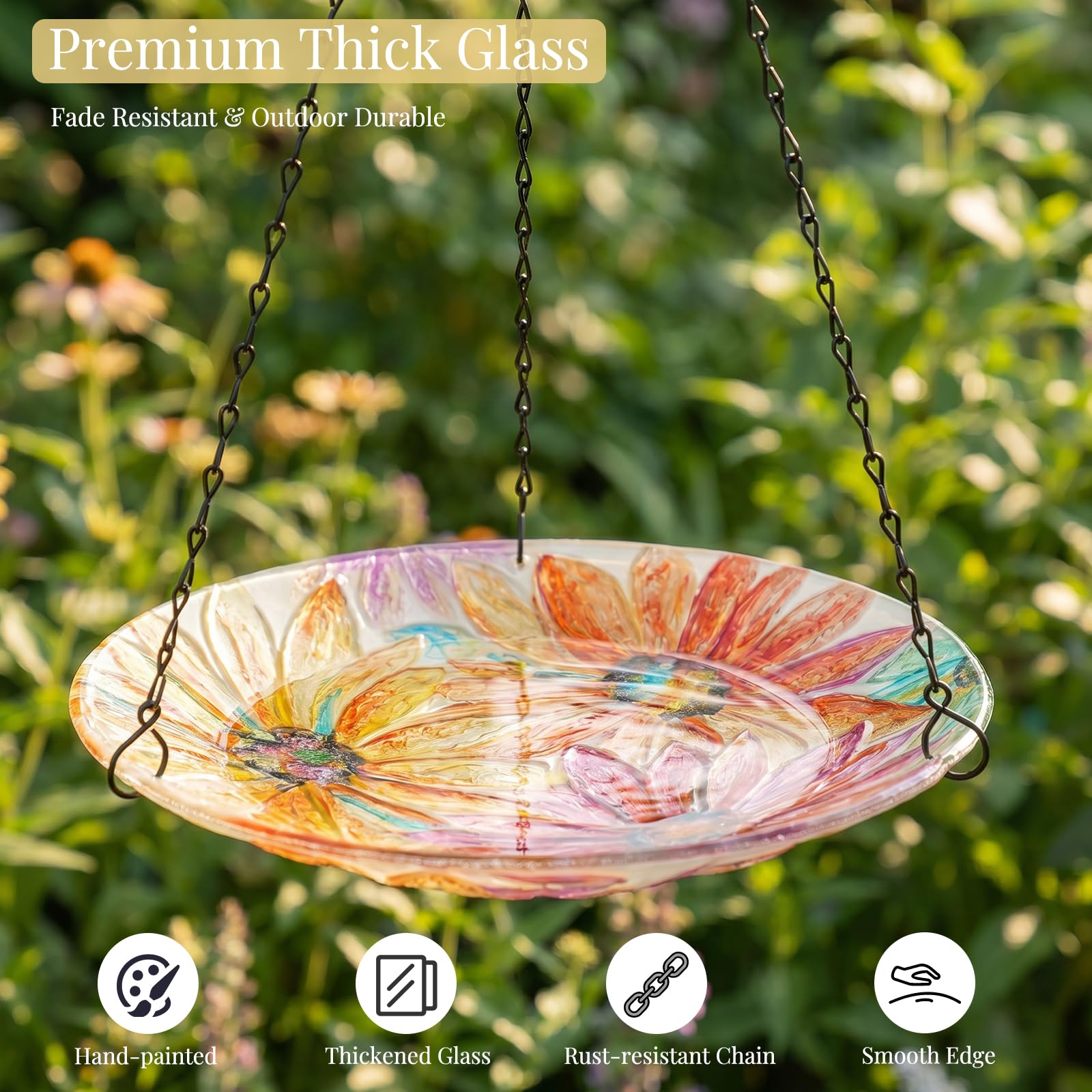 VCUTEKA Hanging Bird Bath Outdoor Glass Bird Baths Feeder for Garden Decor