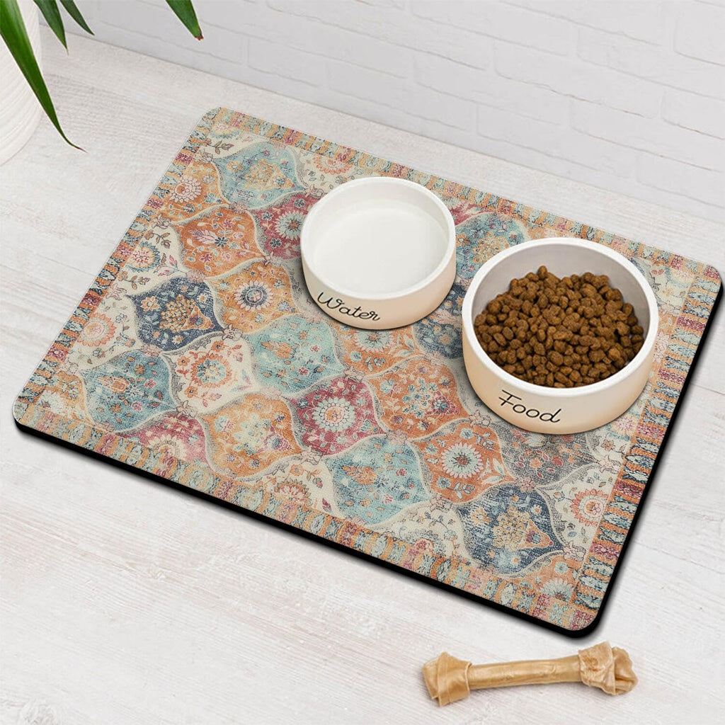 Moroccan Trellis Dog Food & Water Mat, Mexican Talavera Boho Colorful Pet Feeding Mat for Floor Non-Slip Waterproof, Super Absorbent Cat Bowl Mat, Easy to Clean Durable Pet Placemat,16" × 24"