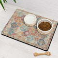 Moroccan Trellis Dog Food & Water Mat, Mexican Talavera Boho Colorful Pet Feeding Mat for Floor Non-Slip Waterproof, Super Absorbent Cat Bowl Mat, Easy to Clean Durable Pet Placemat,16" × 24"