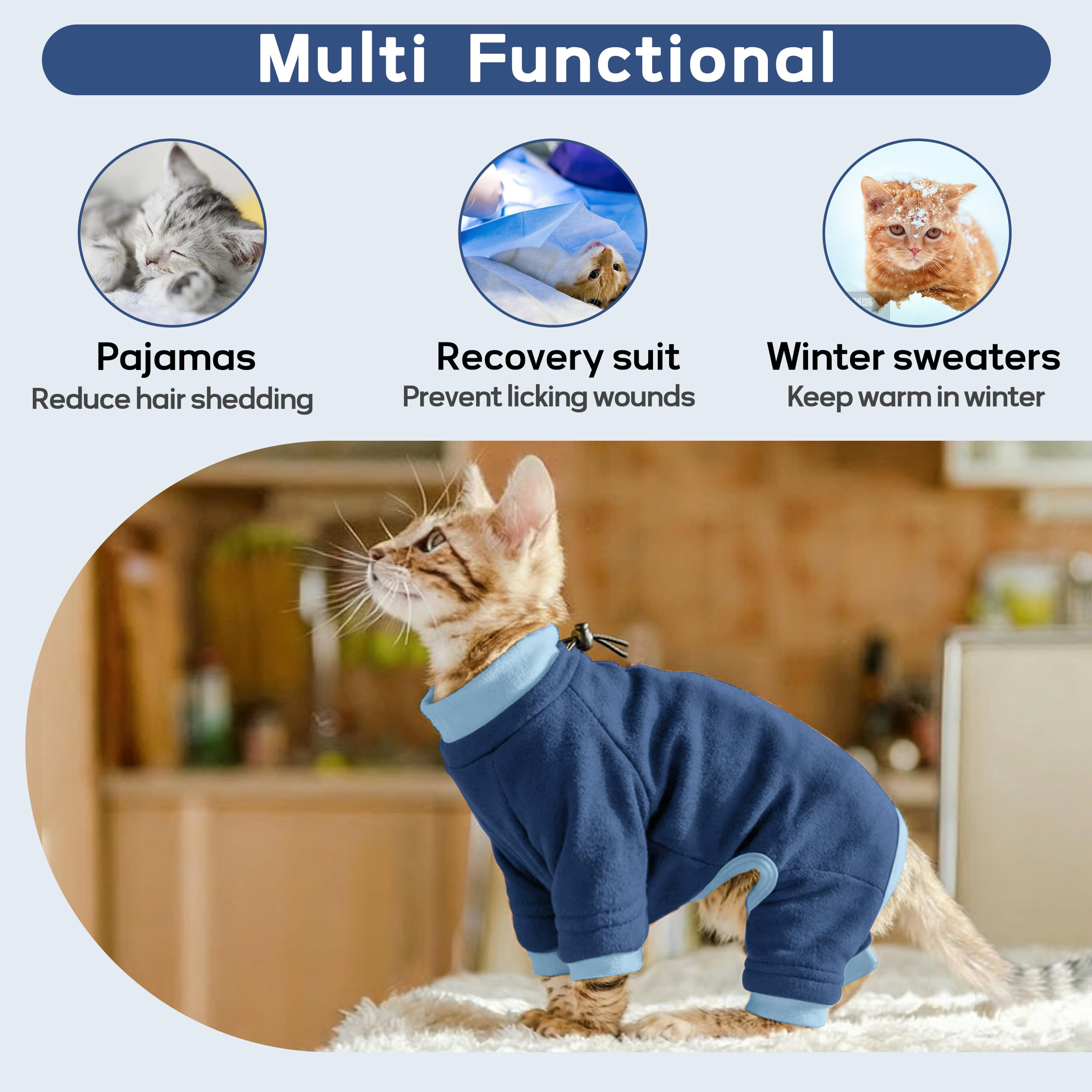 PUMYPOREITY Cat Hair Sticky Sweater, Recovery Suit - Breathable & Lightweight for Post-Surgery Protection, Cat Onsie Prevents Licking Wounds, Blue, 2XL