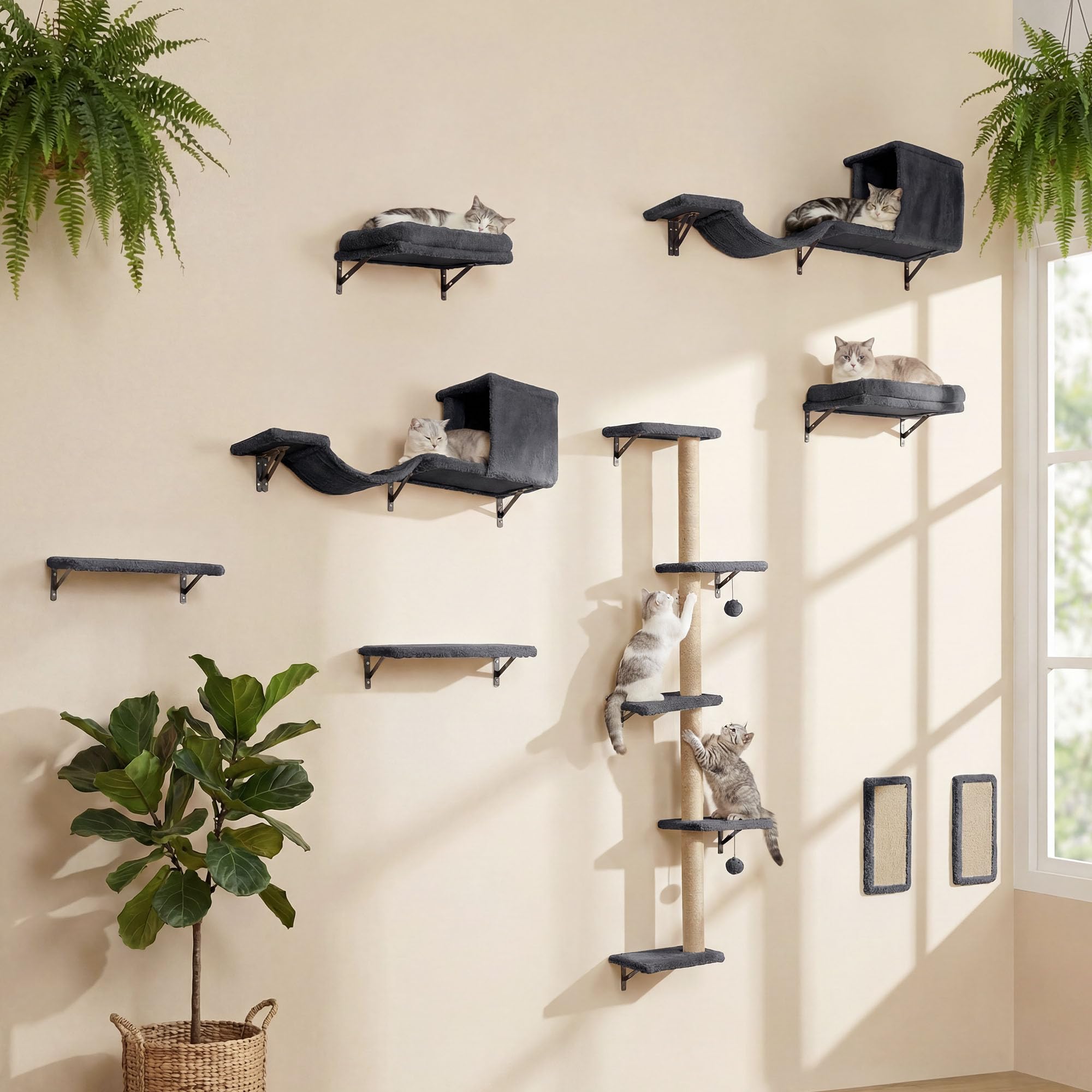 MEWANG 5-in-1 Cat Wall Shelves: Cat Climbing Furniture with Wall Mounted Perch & Lounge for Indoor Cats, Space-Saving Wall Pet Shelves for Play & Rest - Grey