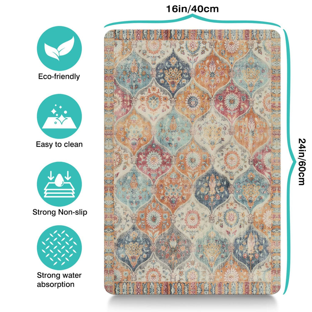 Moroccan Trellis Dog Food & Water Mat, Mexican Talavera Boho Colorful Pet Feeding Mat for Floor Non-Slip Waterproof, Super Absorbent Cat Bowl Mat, Easy to Clean Durable Pet Placemat,16" × 24"