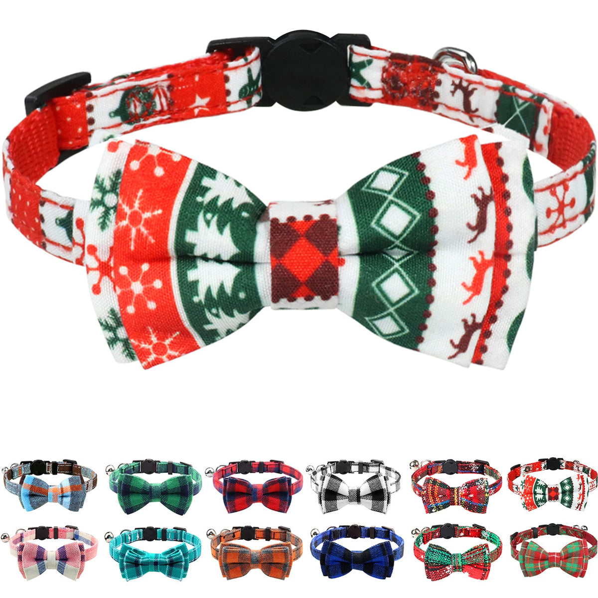 Joytale Upgraded Cat Collar with Bells, Breakaway Cat Collars with Bow Tie, 1 Pack Girl Boy Safety Plaid Kitten Collars, Red