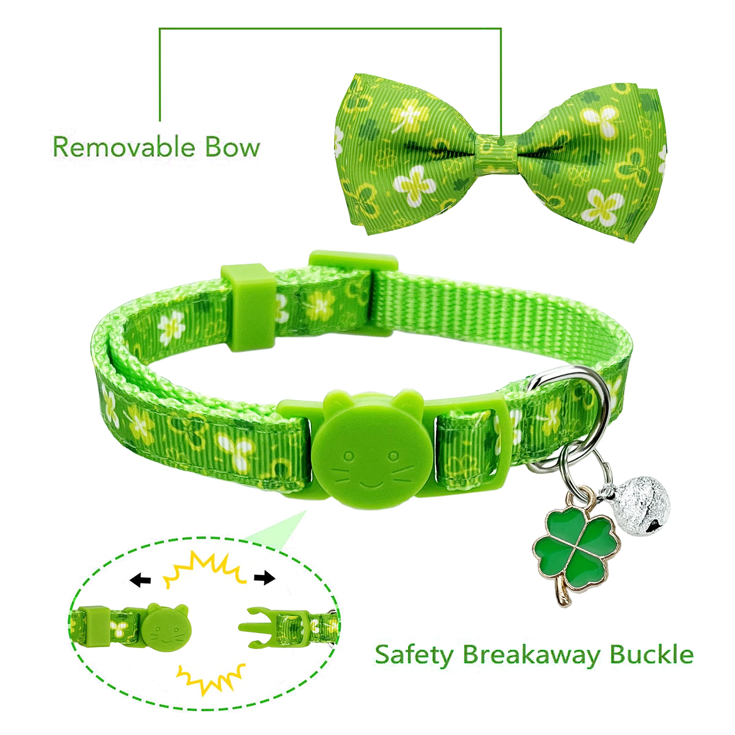 2 Pack St. Patrick Day Cat Collar with Bow Tie,Holiday Kitty Kitten Collar with Bell for Male Female Boys and Girls (Luckyclover)