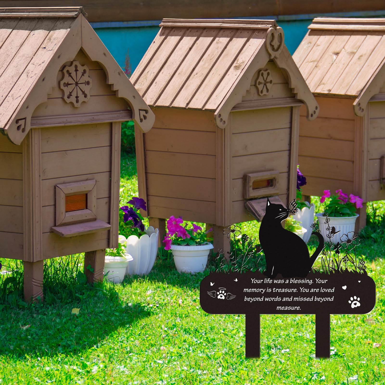 Pet Cat Memorial Grave Markers - Rngmsi Flowers Butterfly Cat Metal Garden Stakes Grave Decorations for Cemetery Pussy Memorial Stones Plaques for Outdoors