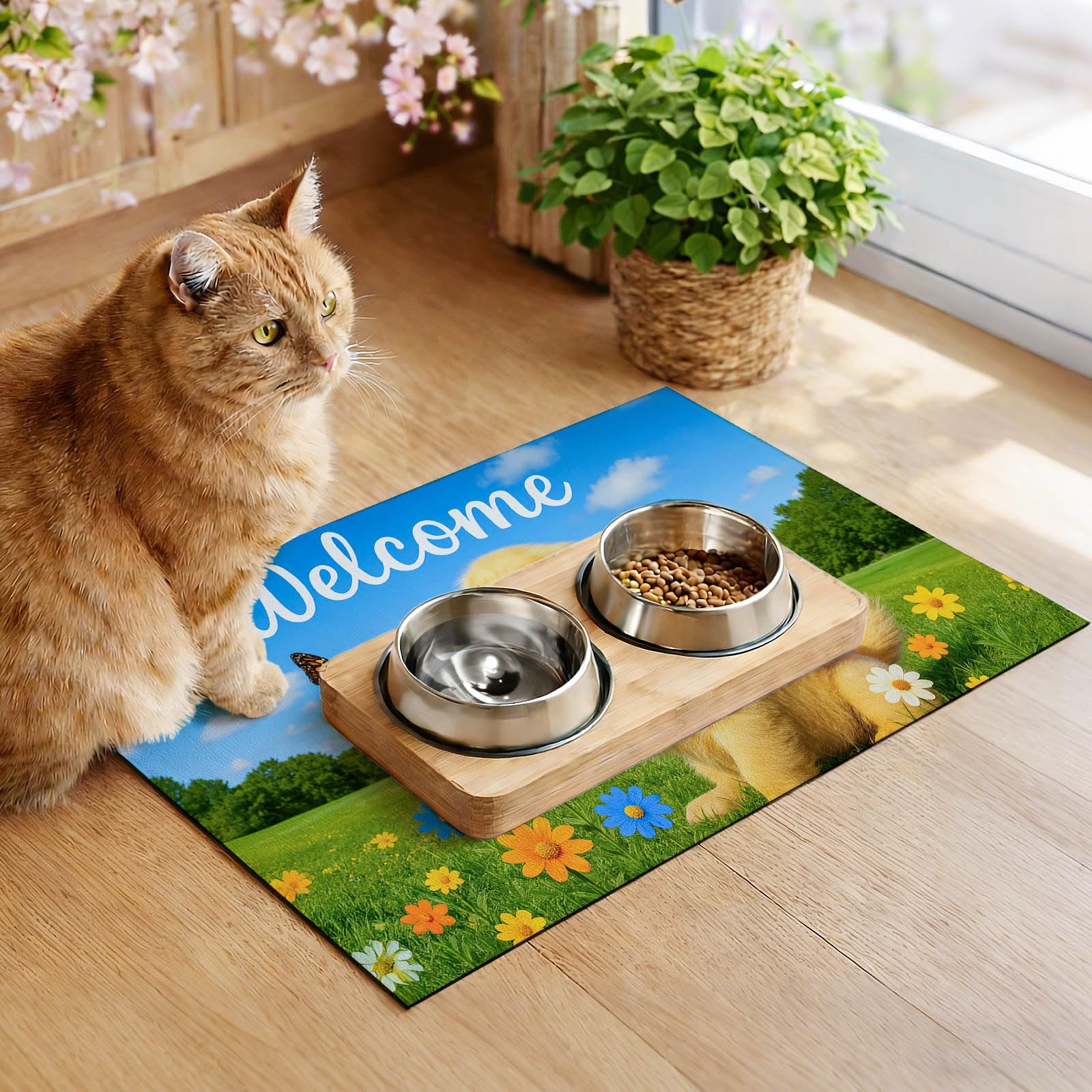 HOMETITUTE Dog Food Mat Spring Design Bowl Placemat 24 x 16 Inch