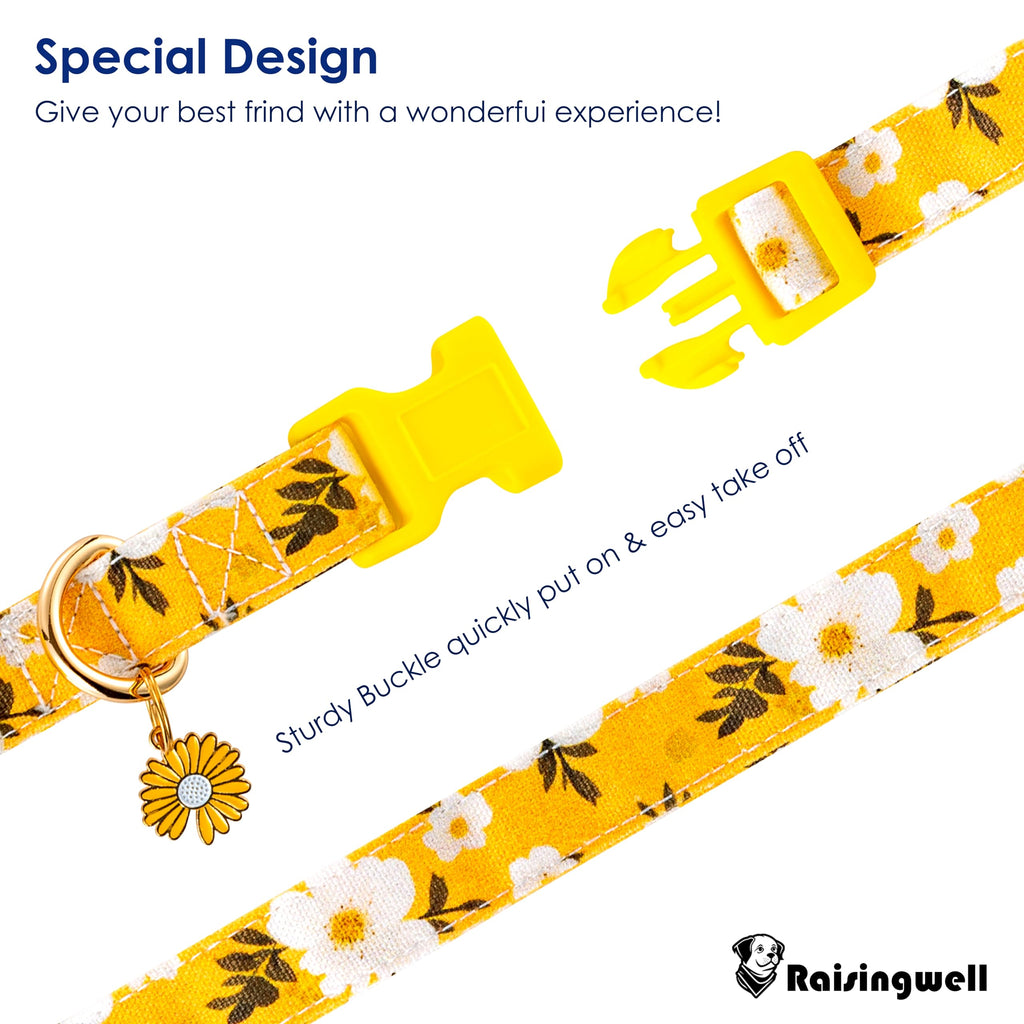 Raisingwell Cotton Dog Collar Yellow Flower Pattern for Boys and Girls Cute Dog Collars Summer Fall Gift Adjustable for Medium to X-Large Breed Dogs (L)
