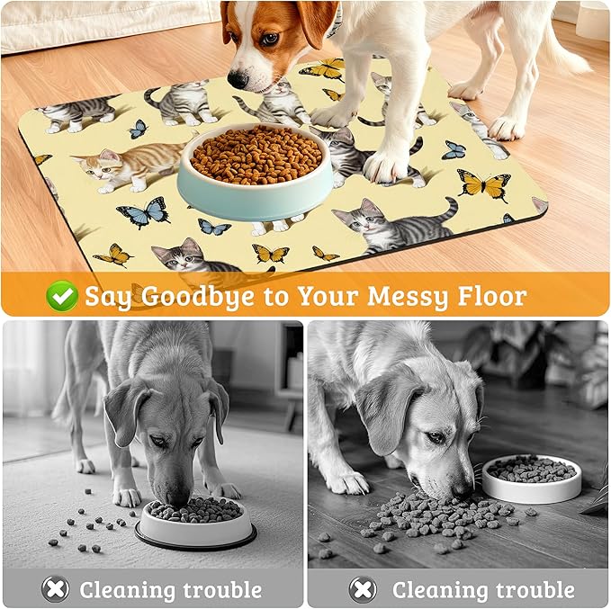 Dog Bowl Mat,Cute Cats Pet Feeding Mat for Floors Waterproof,Butterfly Absorbent Dogs Placemat for Food and Water Quick Dry Pet Cat Feeding Mats with Non Slip Bottom 16" x 24"
