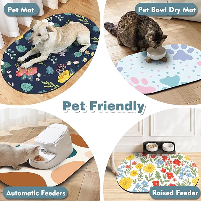 Absorbent Pet Food Mat 24''x16'', No Stains Quick Dry Pet Water Mat Protect Floor, Cat Dog Water Bowl Mat for Messy Drinkers, Non-Slip Rubber Base Pet Placemats for Food and Water, Dark Blue Floral