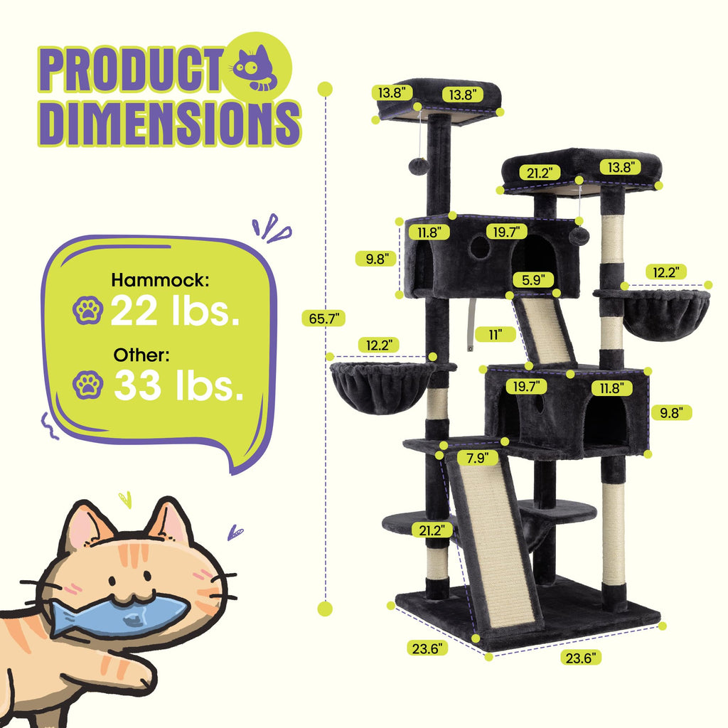 WEEWAY Cat Tree Tower for Indoor Cats,65'' Multi-Level Cat Furniture Activity Center,Stand House Condo Cave,Sisal Scratching Posts Ramps,Plush Perches Platforms Basket Hammock, Dark Grey