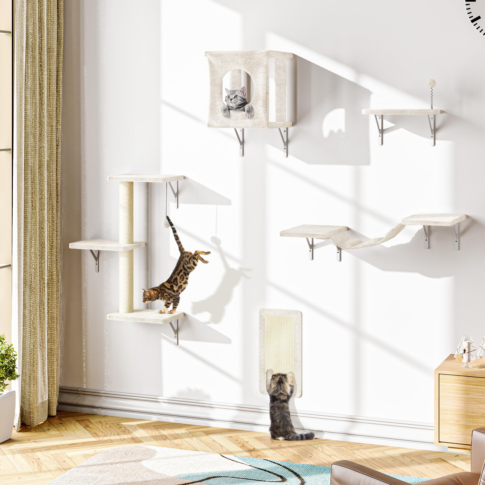 NUNU LAB Cat Wall Shelves Set, 5 Pcs Wall-Mounted Cat Climber with Cat House, Bridge, Scratching Post, Hammock, Wall Shelves, Beige