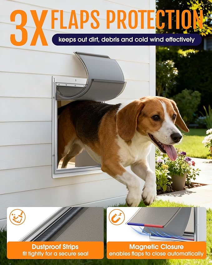 Powools Pet Dog Door for Wall - Robust Steel Pet Door with Magnetic Triple Flaps, 12.6" x 10" Flap Opening, Adjustable Tunnel for 3.4"-6" Thick PVC, Wood, Drywall, for Pets Up to 45lb, White