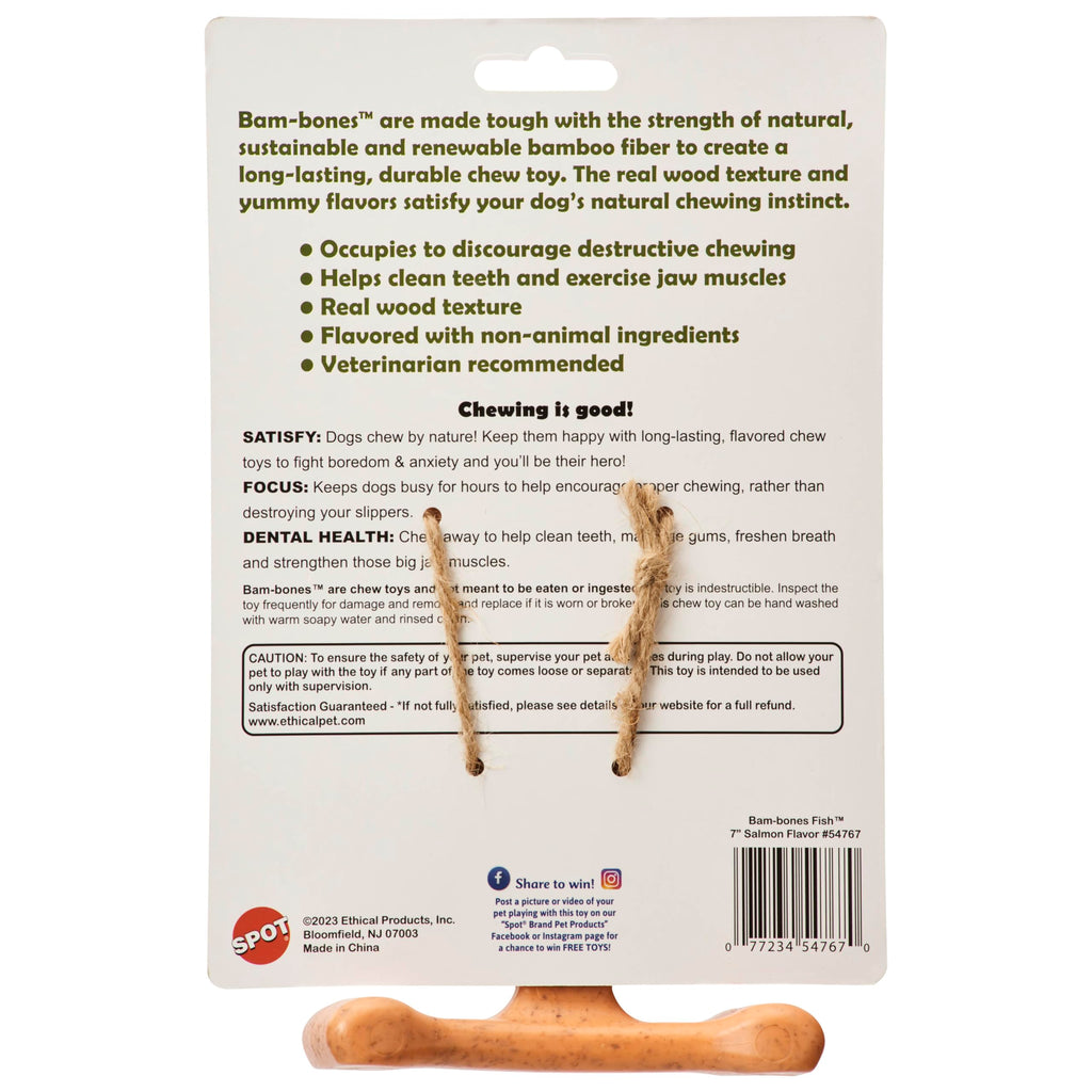SPOT Bam-Bones Fish - Made with Strong Bamboo Fiber, Durable Long Lasting Dog Bone for Light to Moderate Chewers, Great Chew Toy for Adult Dogs & Teething Puppies Under 30lbs, 5.5in, Salmon Flavor