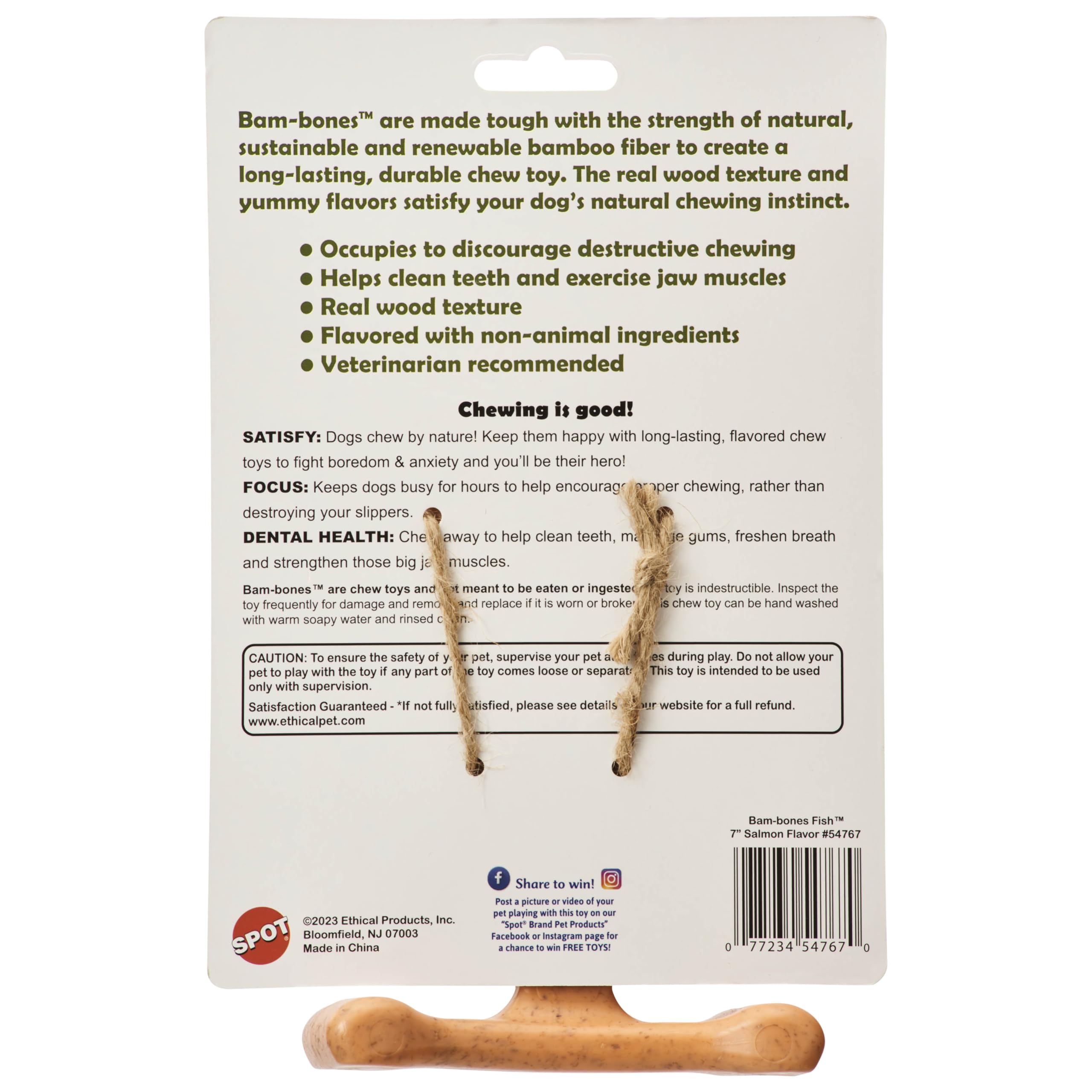 SPOT Bam-Bones Fish - Made with Strong Bamboo Fiber, Durable Long Lasting Dog Bone for Light to Moderate Chewers, Great Chew Toy for Adult Dogs & Teething Puppies Under 30lbs, 5.5in, Salmon Flavor