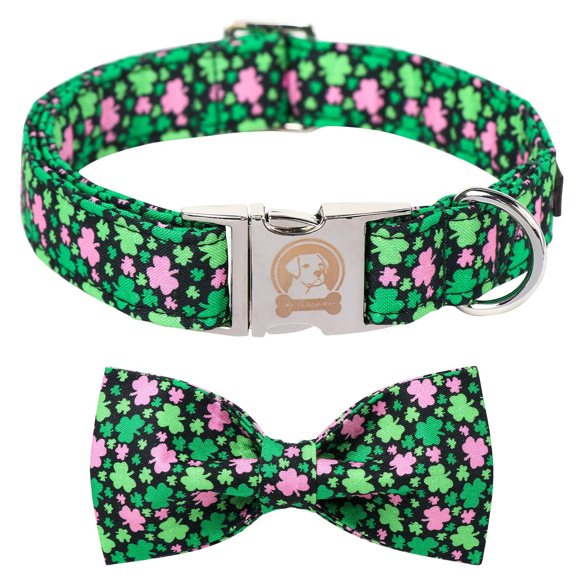 MR. CHUBBYFACE· St.Patrick's Clover Dog Collar with Bowtie, White Green Clovers Shamrock Pet Collar with Metal Buckle, Soft Adjustable Puppy Collar for Small Medium Large Dogs