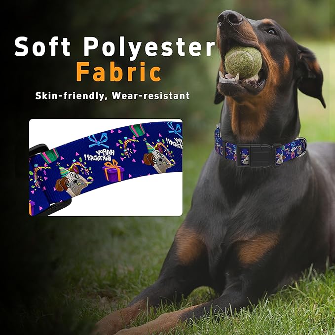 Seyezo Dog Collar, Classical Birthday Gift Boys Girls Puppy Collar for Small Medium Large Dogs, Adjustable Soft Pet Collar with Safety Buckle for Male Females(Purple Birthday, XL)