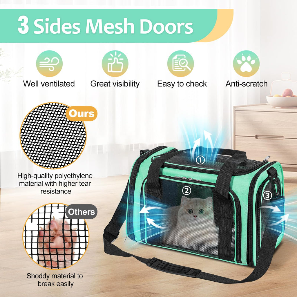 Discala Cat Dog Carrier Up to 15 Lbs TSA Airline Approved Pet Carrier for Small Medium Cats Puppies Dog Carriers for Small Dogs Collapsible Soft Sided Cat Travel Carrier - Green 15.7"x10.2"x10.2"