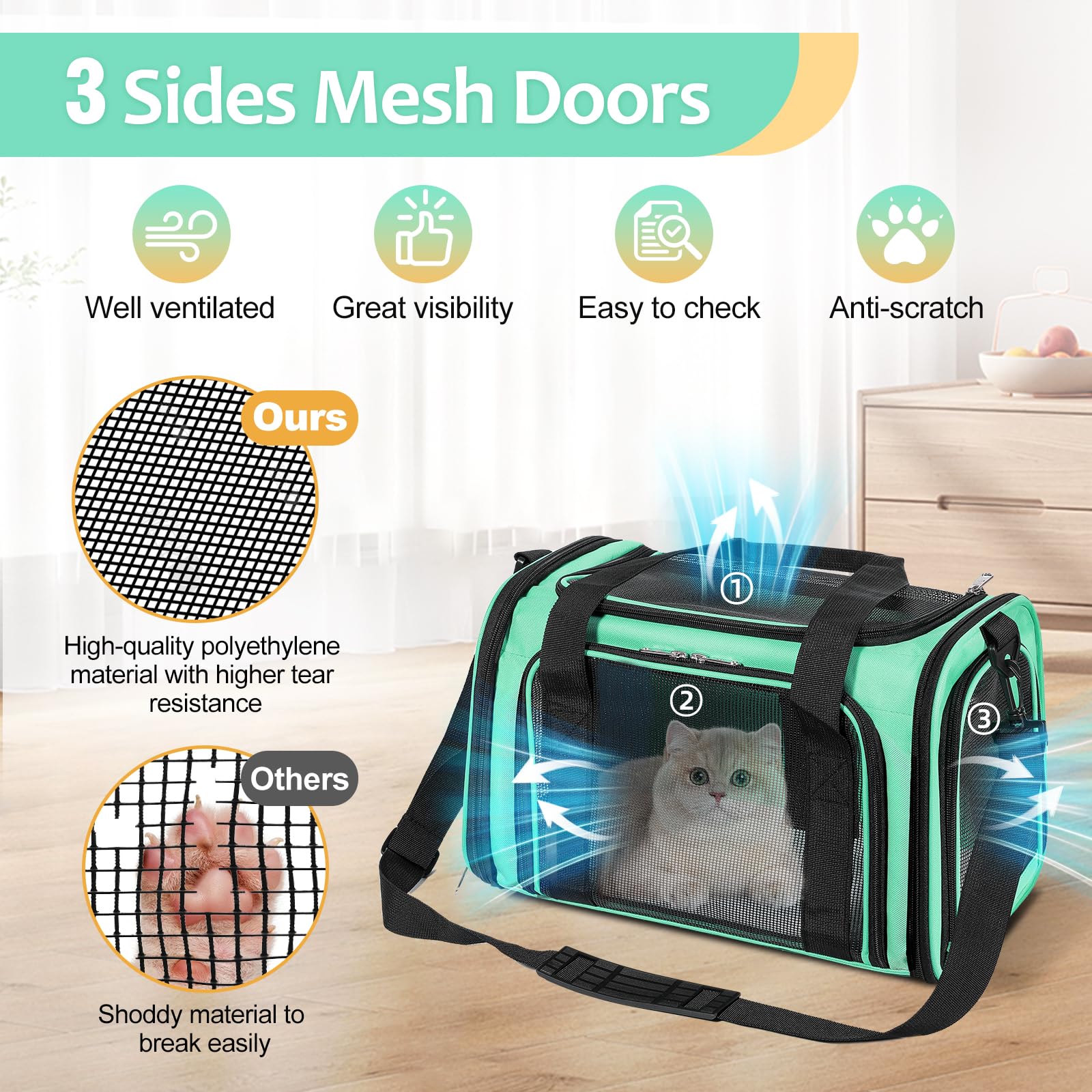 Discala Cat Dog Carrier Up to 15 Lbs TSA Airline Approved Pet Carrier for Small Medium Cats Puppies Dog Carriers for Small Dogs Collapsible Soft Sided Cat Travel Carrier - Green 15.7"x10.2"x10.2"