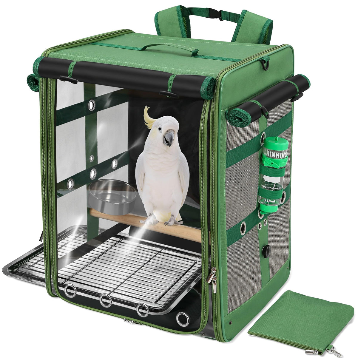 Suertree Bird Carrier with Seat Belt for Car Travel, Bird Backpack Carrier with Indestructible Stainless Steel Mesh, Large Bird Carrier Travel Cage, Grey