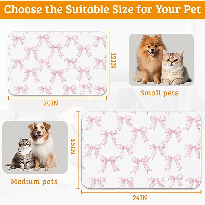 Pet Feeding Mat,Pink Bows Absorbent Dog Cat Food Mat Cute Dog Mat with Rubber Backing,Non-Slip Water Bowl Placemat,Pet Supplies 16" x 24"