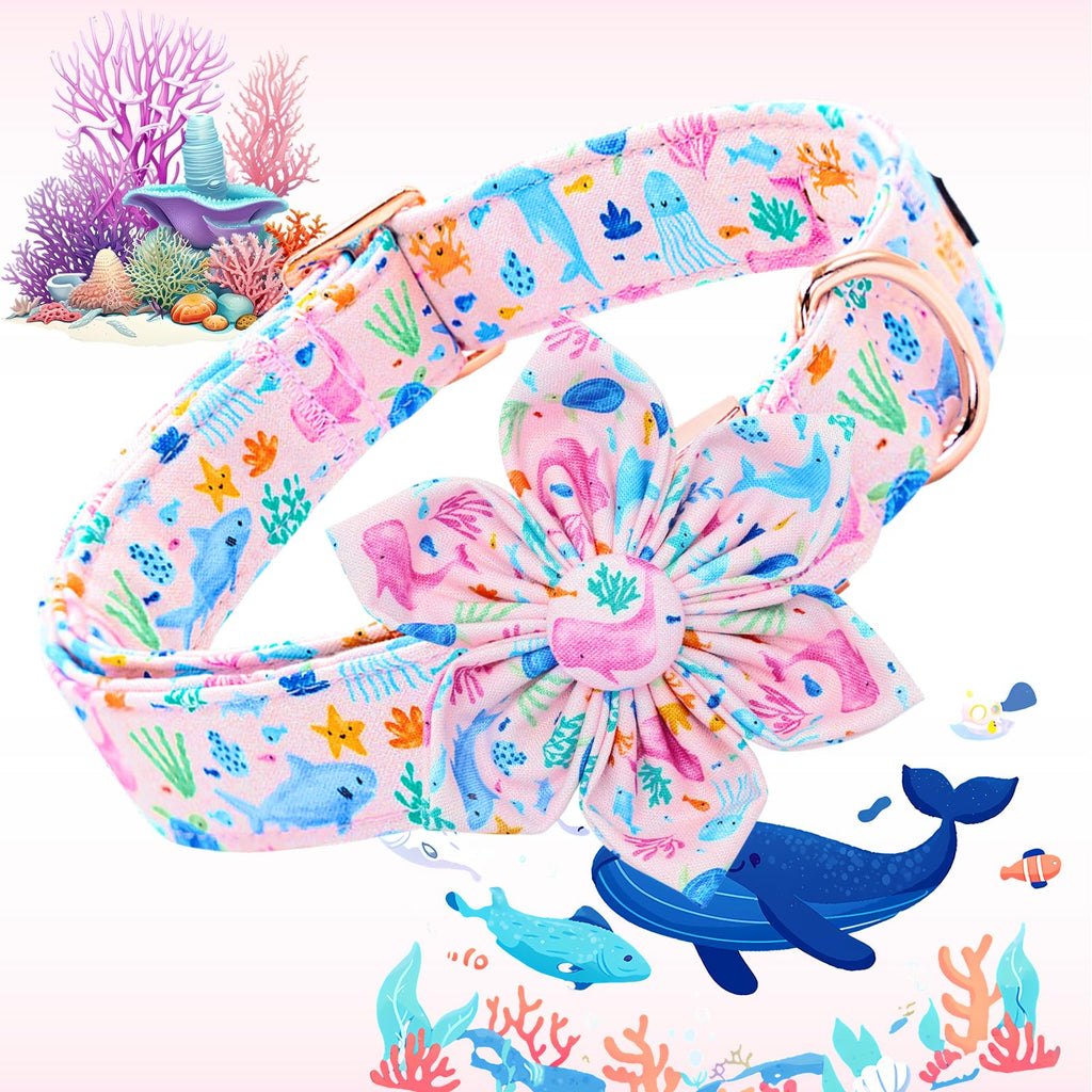 Lionheart glory Dog Collar Flower Collar Pink Dog Collars with Flower Summer Cute Sea Animals Print Collar Dog Female Soft Durable Adjustable Dog Collars for Small Dogs