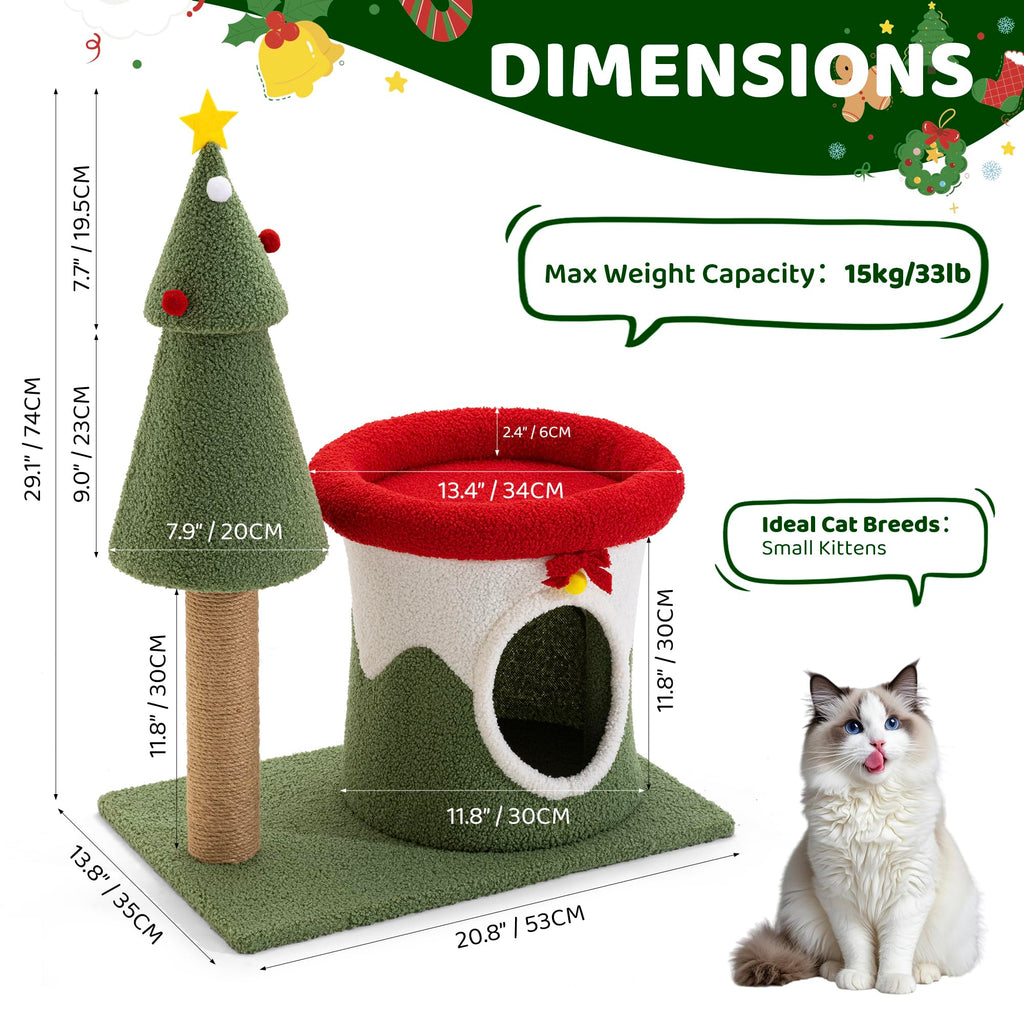 COSIEST 30in Christmas Cat Tree for Kittens, Kitty Condo with Top Perch, Small Cat Tree House with Sisal Scratching Posts, Cat Safe Christmas Tree Tower for Indoor Cats, Activity Center, Red & Green