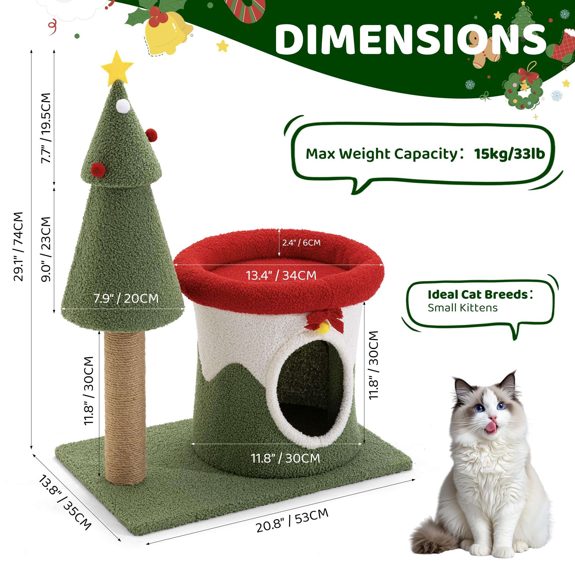 COSIEST 30in Christmas Cat Tree for Kittens, Kitty Condo with Top Perch, Small Cat Tree House with Sisal Scratching Posts, Cat Safe Christmas Tree Tower for Indoor Cats, Activity Center, Red & Green