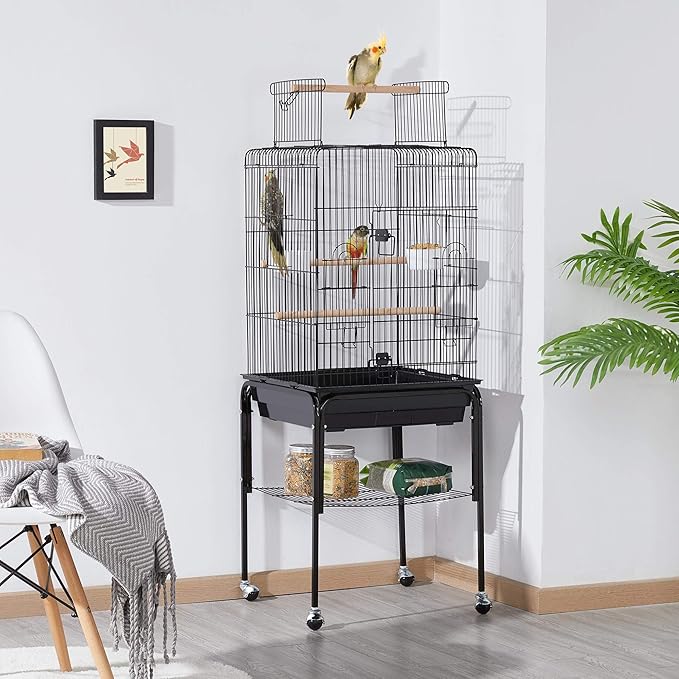 Yaheetech 53.5" Open Top Parrot Bird Cage with Detachable Rolling Stand, Roof Play Flight Cage for Cockatiels, Sun Conures, Green Cheek Conures & Small to Medium Parrots