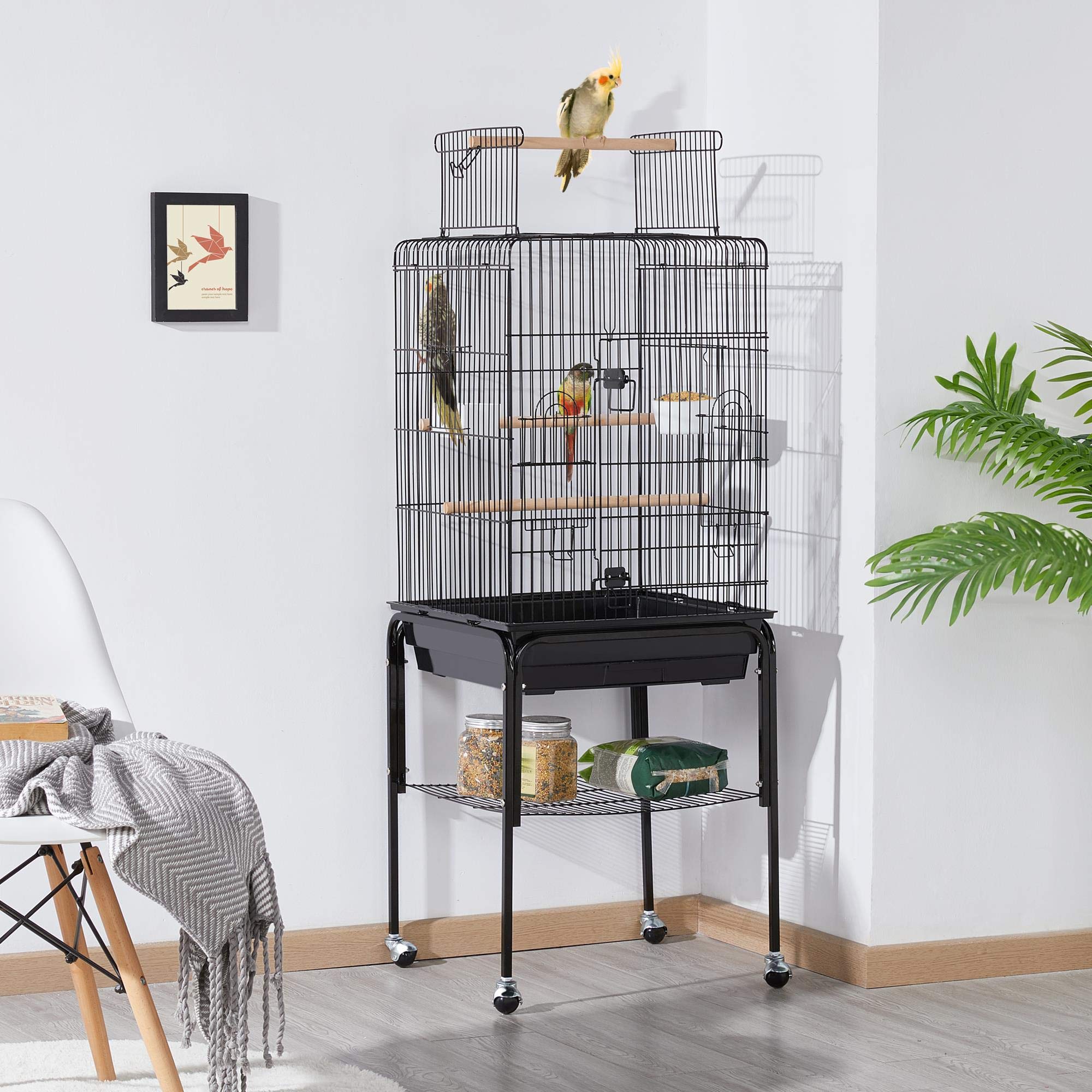Yaheetech 53.5" Open Top Parrot Bird Cage with Detachable Rolling Stand, Roof Play Flight Cage for Cockatiels, Sun Conures, Green Cheek Conures & Small to Medium Parrots