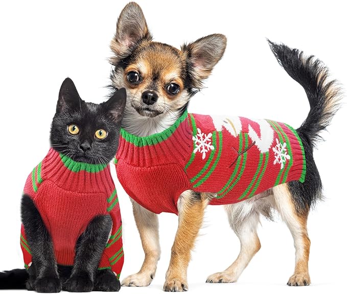 Dog Christmas Sweater Cute Snowman Puppy Cat Costume Boy Girls Xmas Holiday Pet Clothes New Year Outfits Gifts for Small Medium Large Dogs (M, Red Green Stripe Snowman)