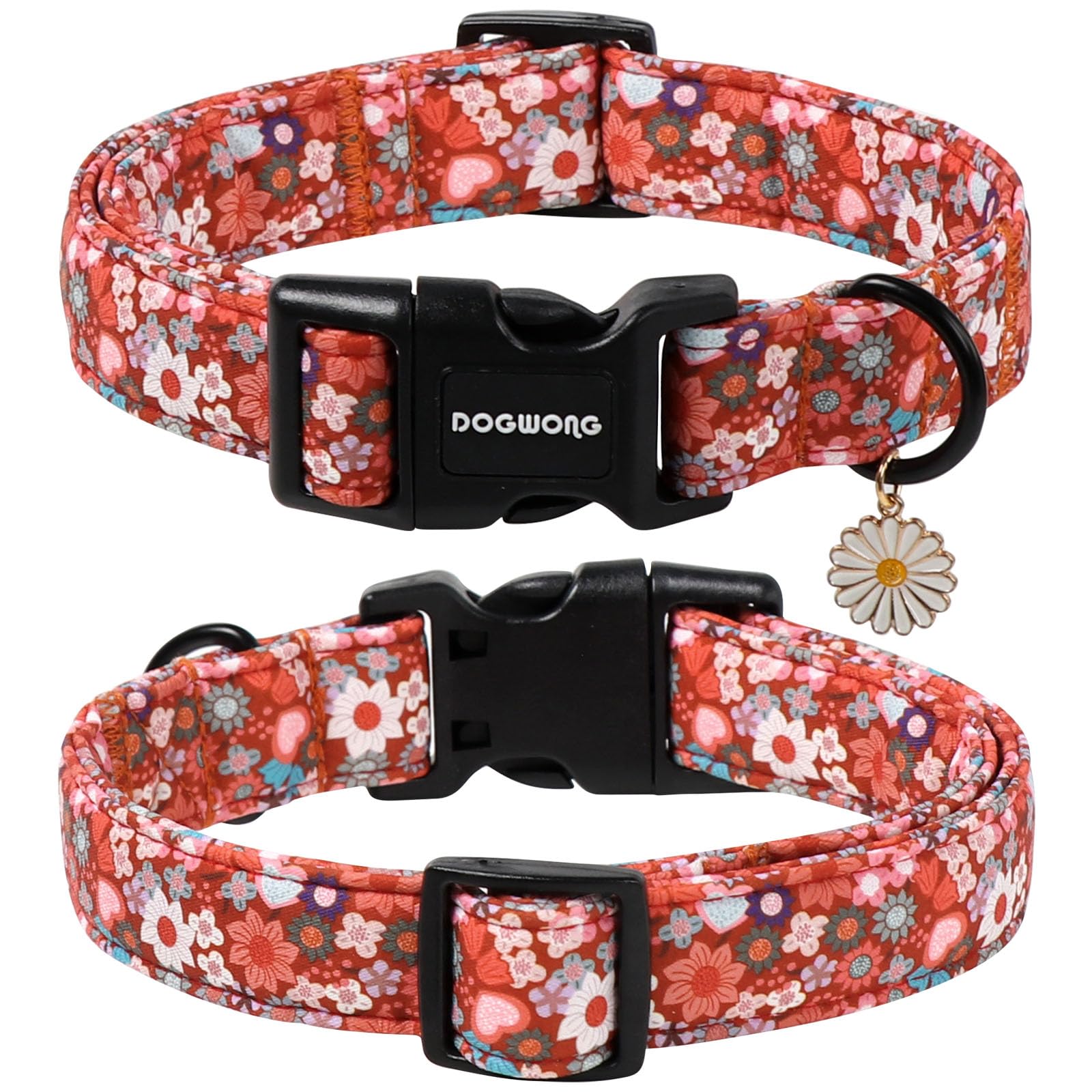DOGWONG Red Flower Dog Collar, Cute Adjustable Floral Collar, Girl Female Dog Collar with Strong Plastic Buckle for Small Medium Large Dog.M