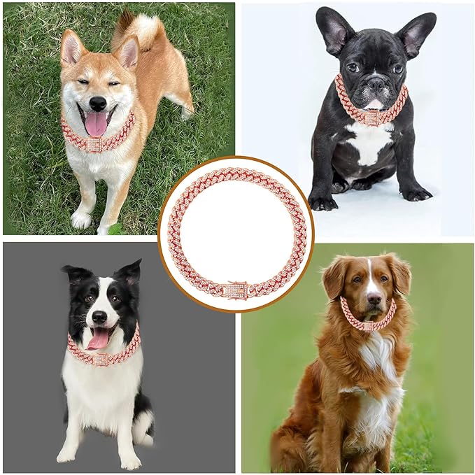 Dog Collar Cuban Link Rose Glod Crystal Dog Necklace Metal Chain Collar with Design Secure Buckle Pet Collar Jewelry Accessories for Small Medium Large Dogs Cats(Rose Glod 12inch)