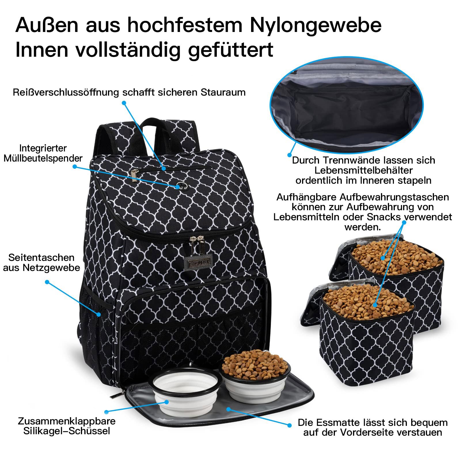 BAGLHER丨Dog Travel Bag, Airline Approved Pet Supplies Backpack, Dog Travel Backpack with 2 Silicone Collapsible Bowls and 2 Food Baskets