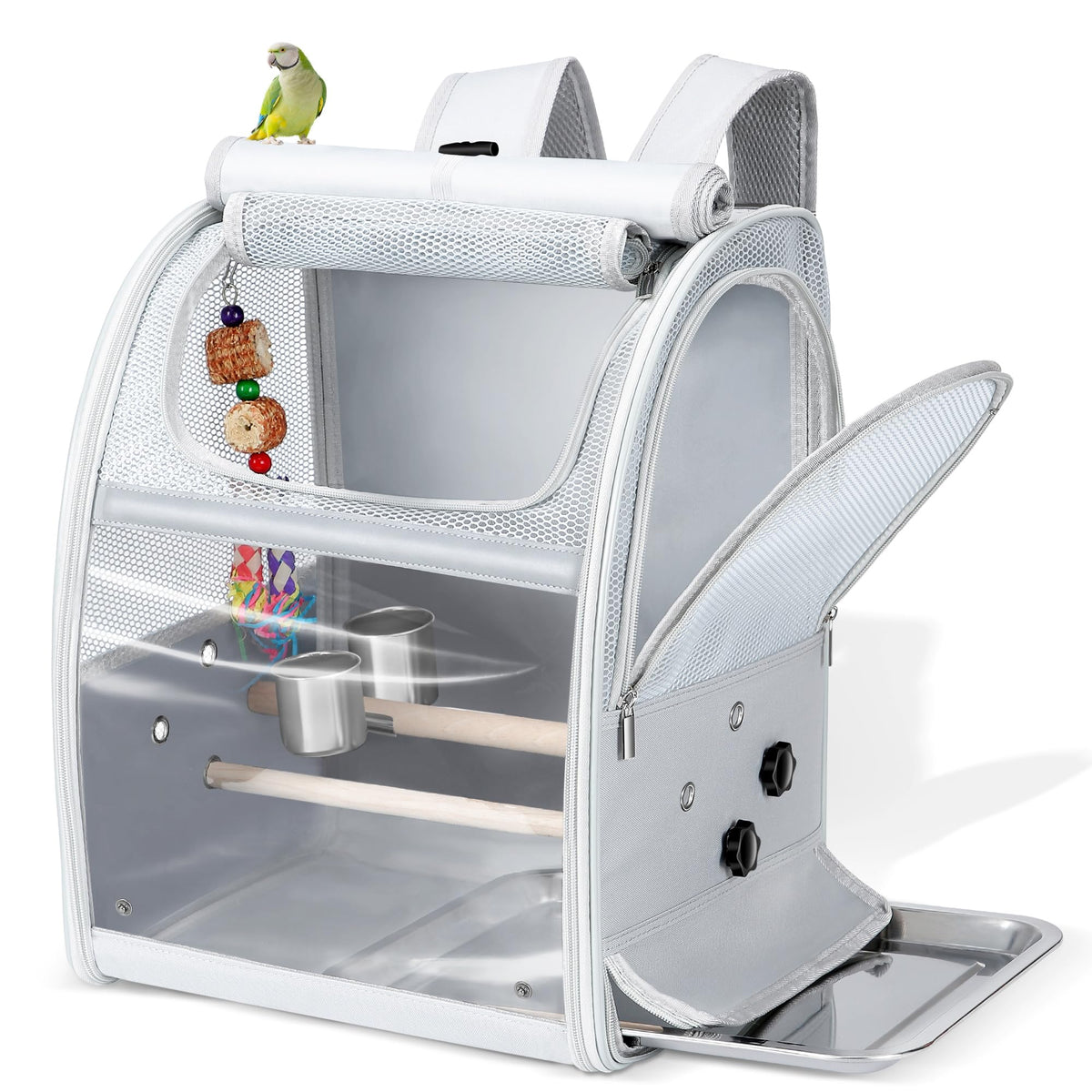 Sanmoncare Bird Carrier Backpack with 2 Adjustable Perches, Water-Repellent Parrot Travel Cage with Stainless Steel Tray, Breathable Pet Carrier for Cockatiels, Conures and Vet Visits