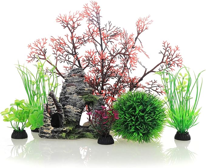 JIH Aquarium Fish Tank Plastic Plants and Cave Rock Decorations Decor Set 7 Pieces, Small and Large Artificial Fish Tank Plants with Cave Rock
