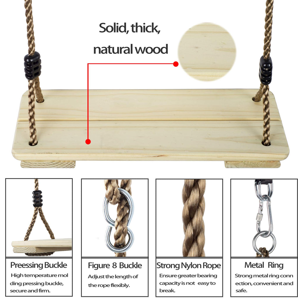 NOSTIFY Wooden Swing Seat, Nostalgic Outdoor Wood Swing for Kids, Tree Straps Set Accessories for Backyard Patio Garden Playground, Height Adjustable (Raw wood)